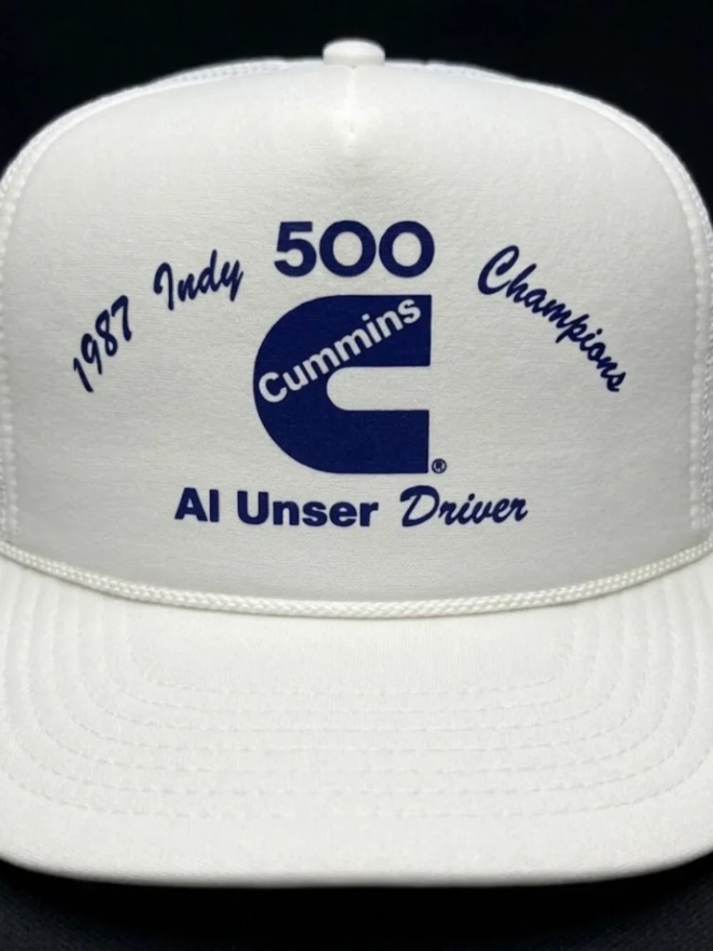 Retro 1987 Indy 500 Champions Foam Trucker Hat White Rope Snapback Cap Cummins